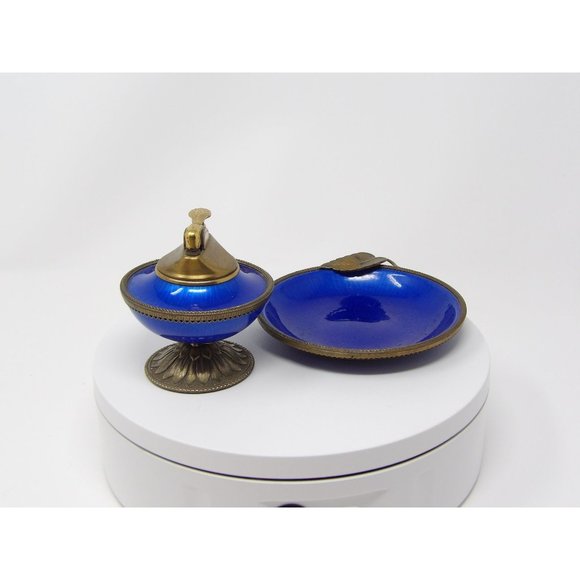 Evans Elegance Blue Enamel & Brass Guilloche Pedestal Table Lighter & Ashtray - Picture 4 of 10
